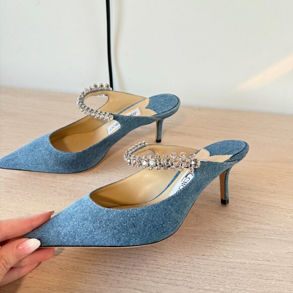 Jimmy Choo Bing 65 Mules Blue Denim Crystal Embellished Pointed Toe 36.5 - Picture 8 of 12